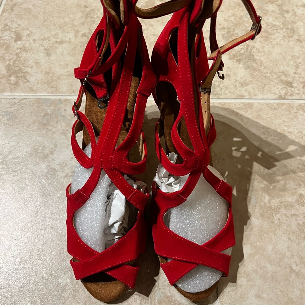 BRAND NEW Red strappy salsa Latin dance Shoes red suede and suede underneath